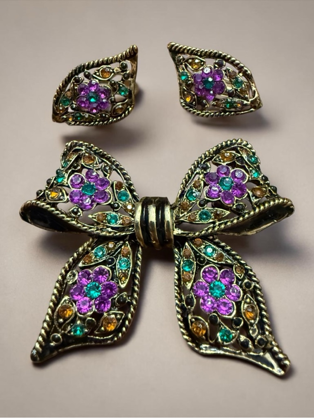 Vintage Gold-Tone Floral Bow Brooch and Earring Set - Purple & Green Accents - Picture 3 of 5
